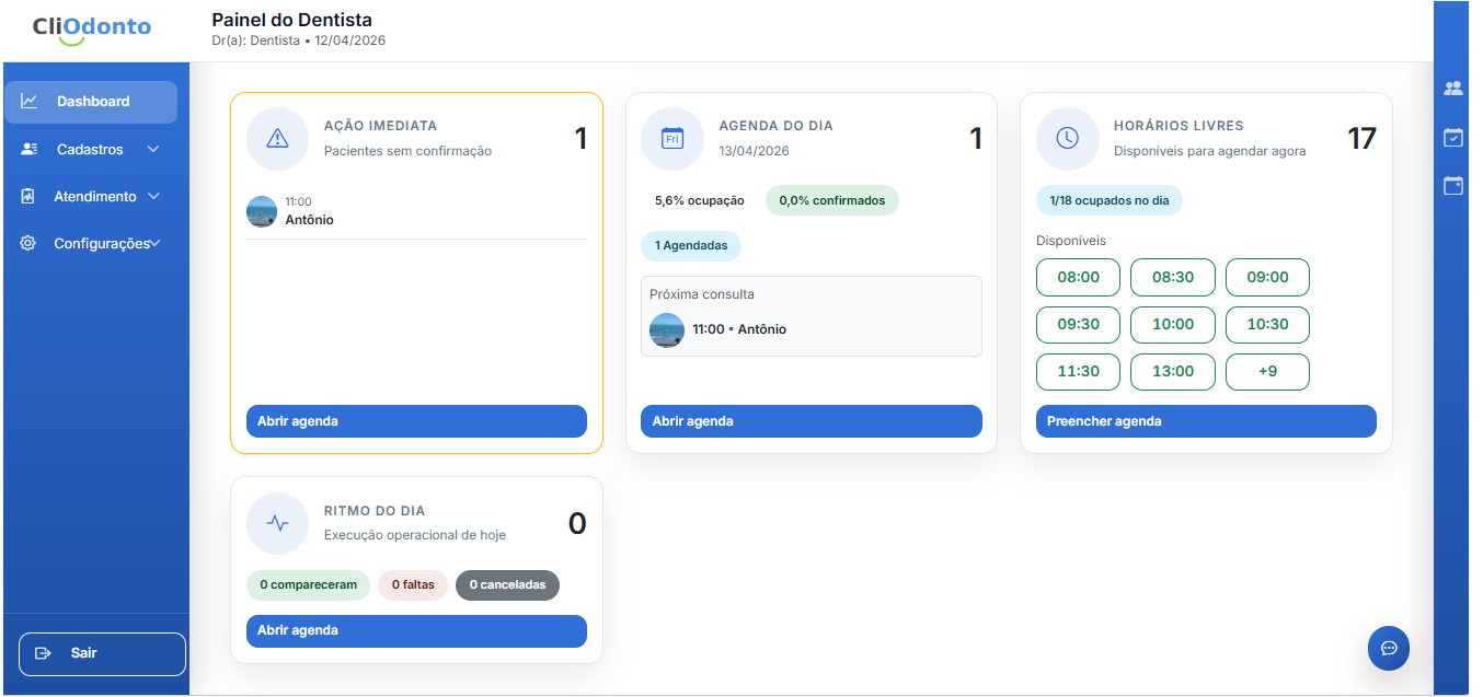 Tela do sistema CliOdonto com dashboard da clínica